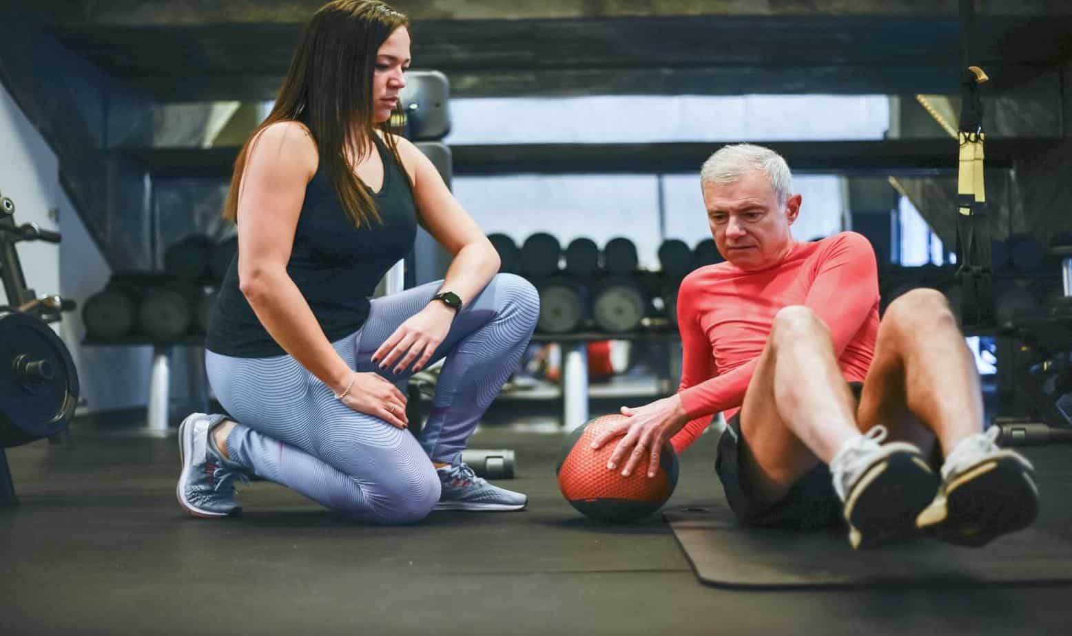 a senior in the red shirt trained by a lady for some should exercise