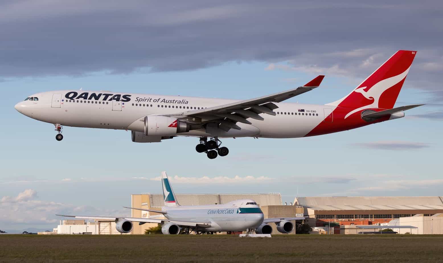 Airbus A330 large twin engine airliner operated by Qantas on approach to land at Melbourne International Airport.