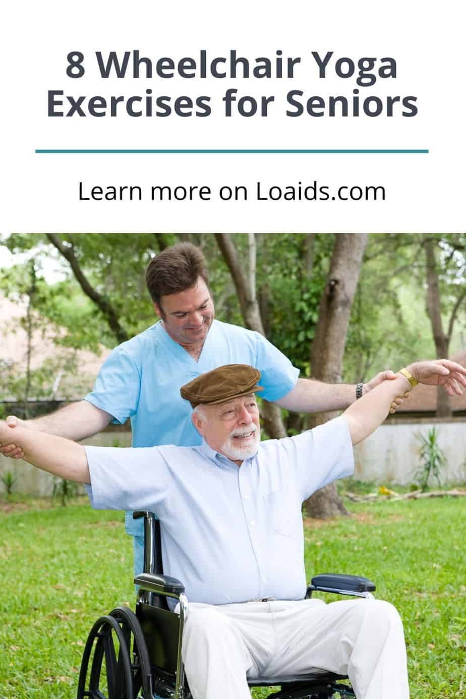 a nurse helping the senior in wheelchair do seated yoga