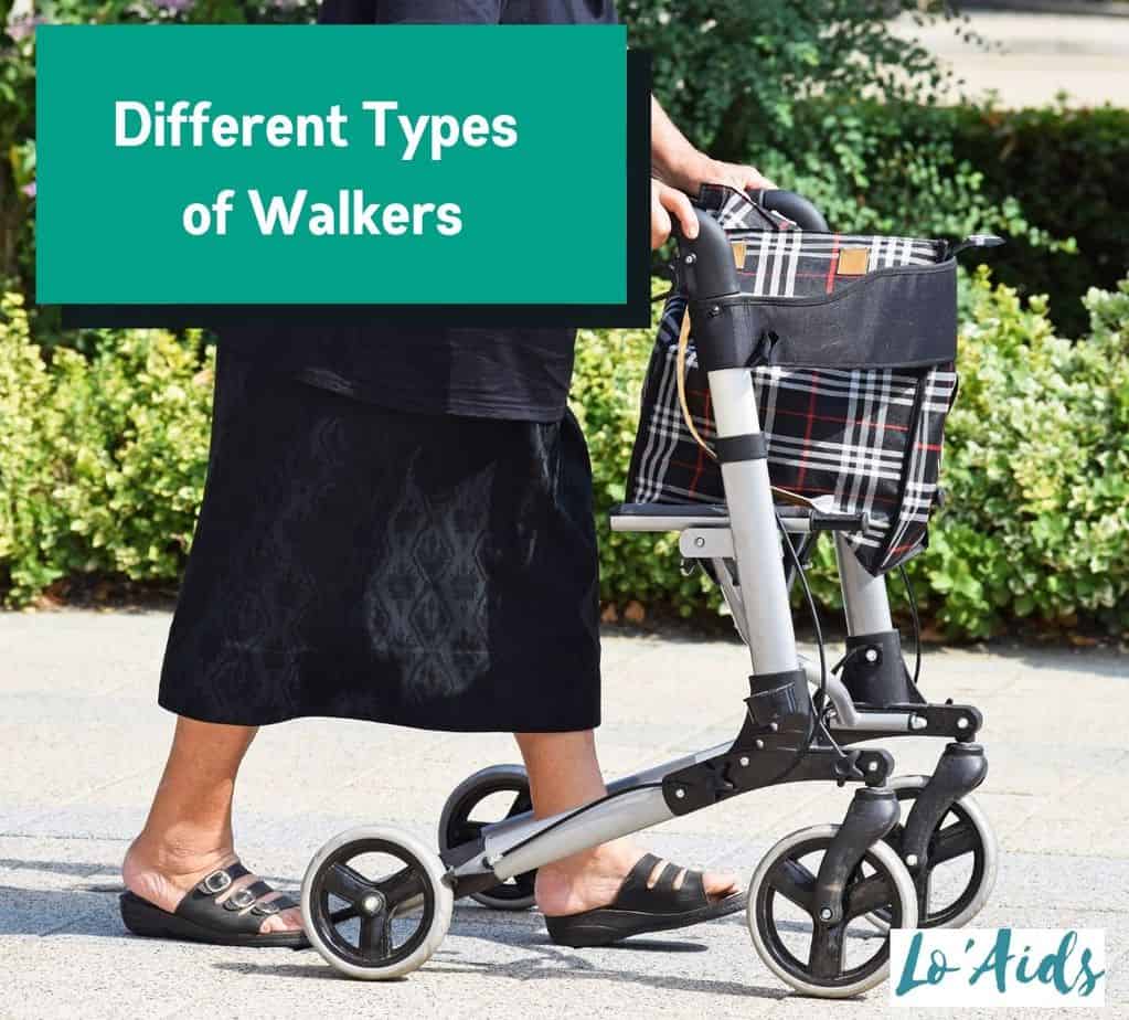 woman using a rollator, one of the types of walkers