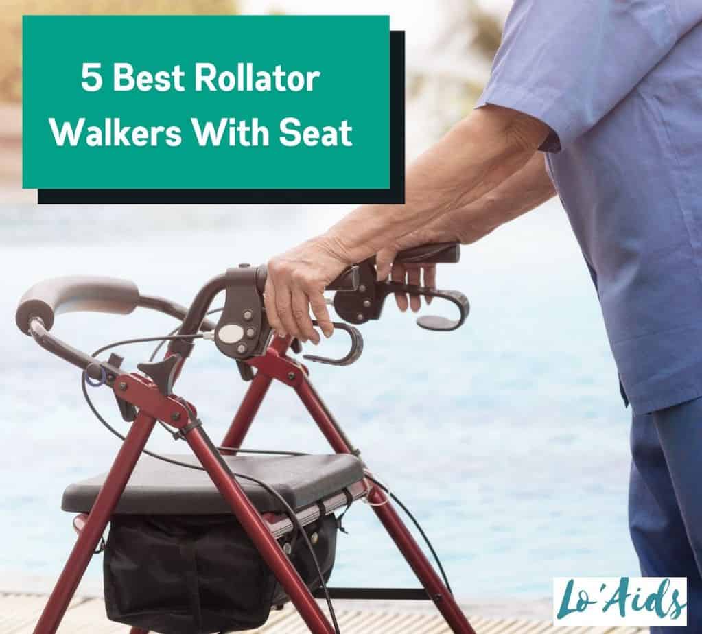 elderly man holding a rollator walker with seat