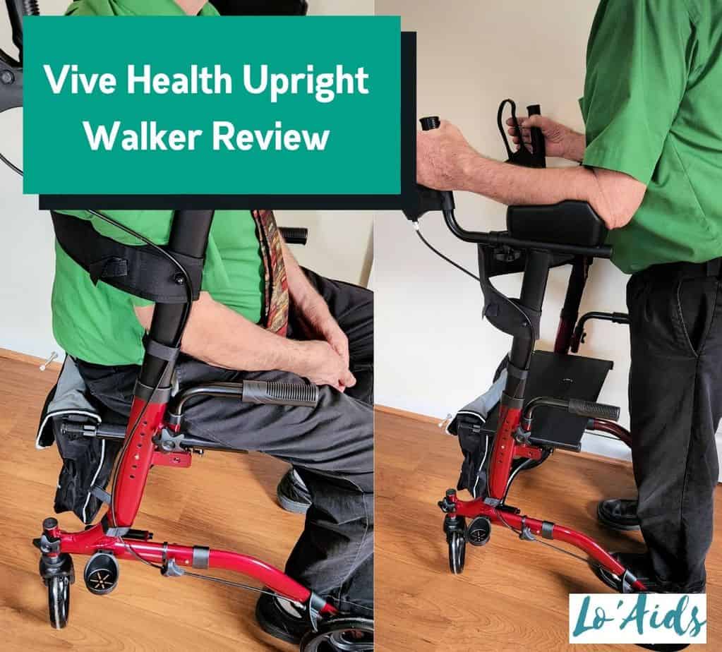 man demonstrating an upright walker for vive health upright walker