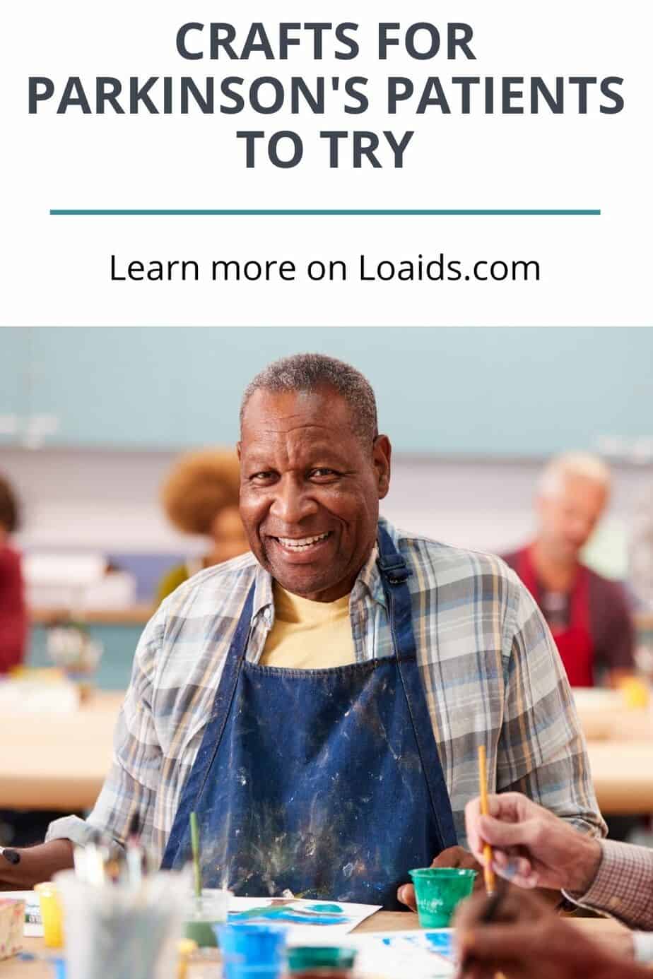 A elderly black man painting with a blue overall on under title CRAFTS FOR PARKINSON'S PATIENTS TO TRY