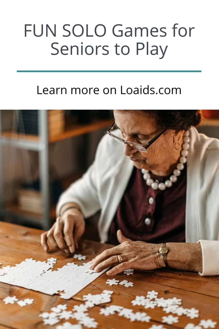 an elderly lady with glasses and pearls solving a puzzle under title best solo Games for Seniors to Play