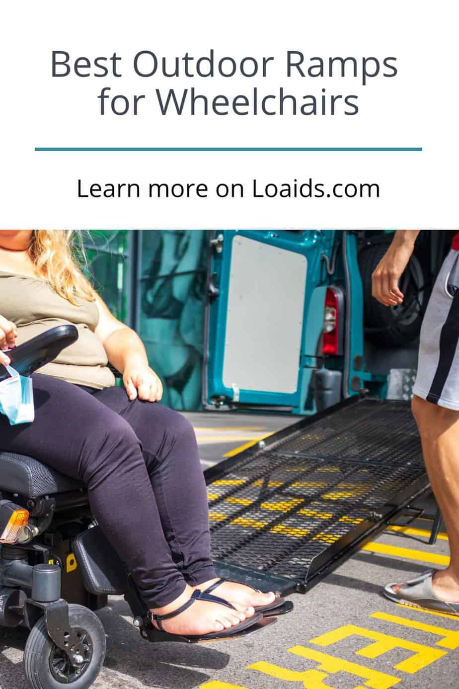 lady in a power wheelchair beside outdoor ramps for wheelchairs