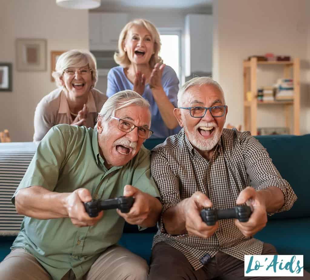 group of seniors playing video games