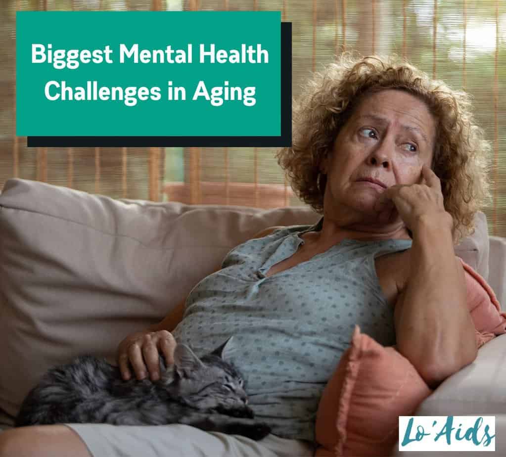 woman sitting on a couch with her cat beside the poster "4 Biggest Mental Health Challenges in Aging and How to Overcome Them"