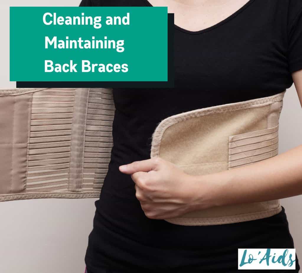 lady removing her back brace beside the text "cleaning and maintaining your back brace"